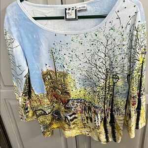 Light Blue & Yellow Women's Scenic Print Scoop Neck Top